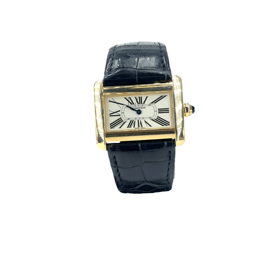 18CT Yellow Gold Cartier Tank Divan Watch with Black Leather Strap - Hyman’s Jewellers