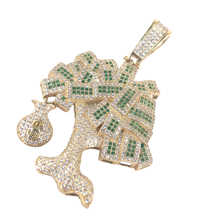 Men’s 9ct Yellow Gold Money Tree Pendant with white and Green Cz- 13.3G 6cm