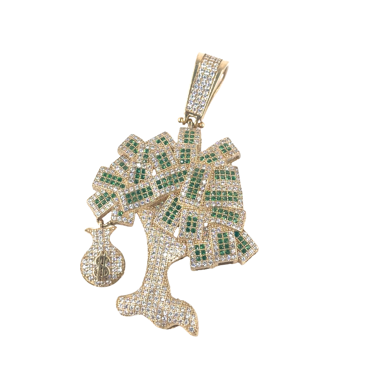 Men’s 9ct Yellow Gold Money Tree Pendant with white and Green Cz- 13.3G 6cm