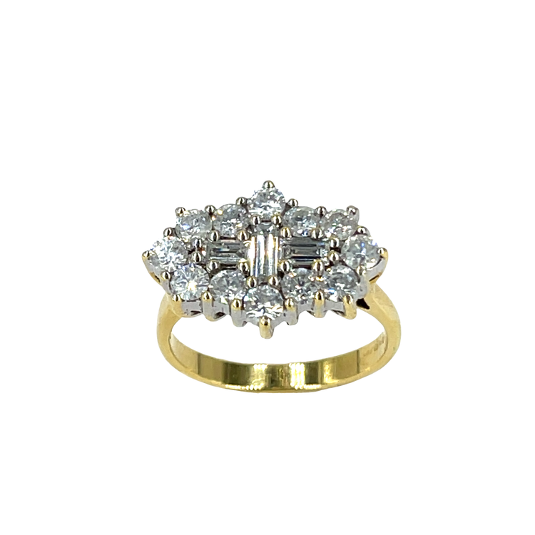 18ct Yellow Gold Diamond Cluster Ring with Baguette Centre