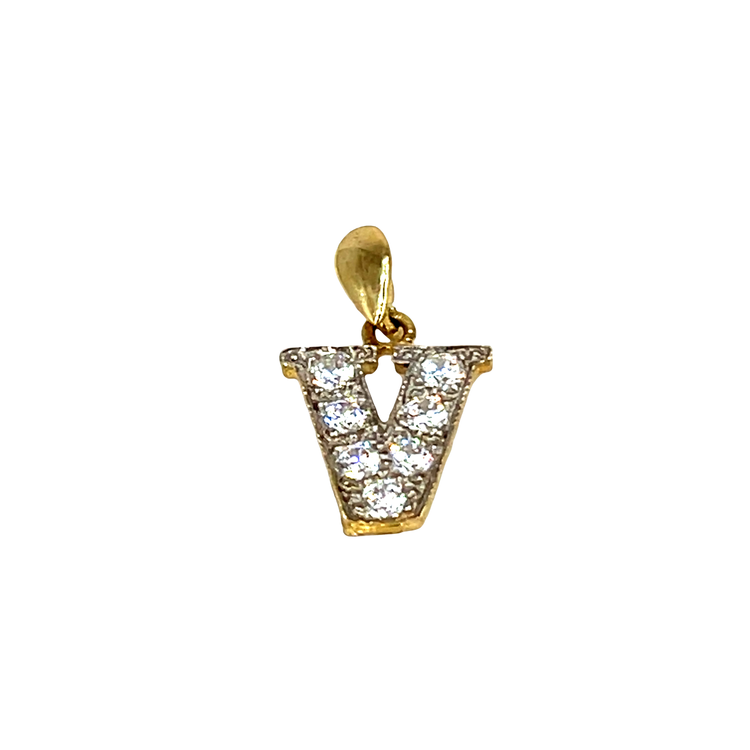 CZ Initial 'V' Pendant in Yellow Gold