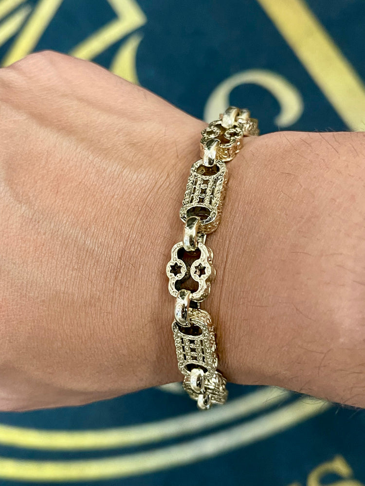 Vintage-Style 9CT Yellow Gold Filigree Link Chain Bracelet 24.8g