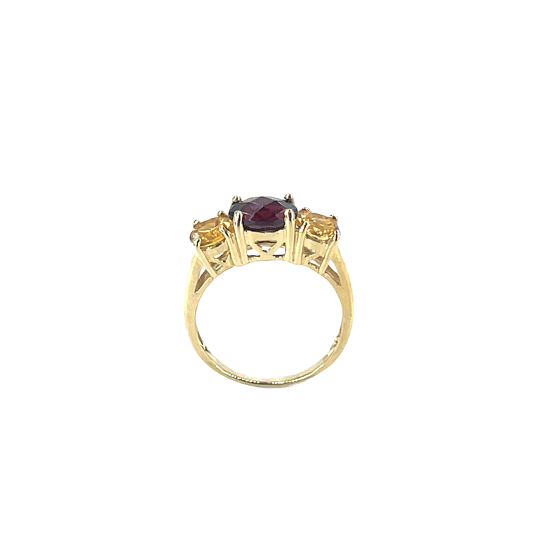 9ct Yellow Gold Garnet and Yellow Gemstone Three-Stone Ring 2.9g