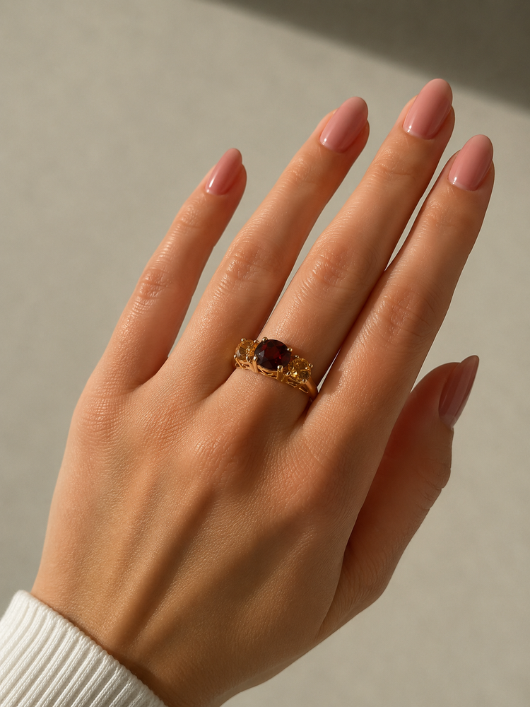 9ct Yellow Gold Garnet and Yellow Gemstone Three-Stone Ring 2.9g