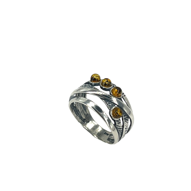Textured Silver Crossover Ring with Amber Cabochons