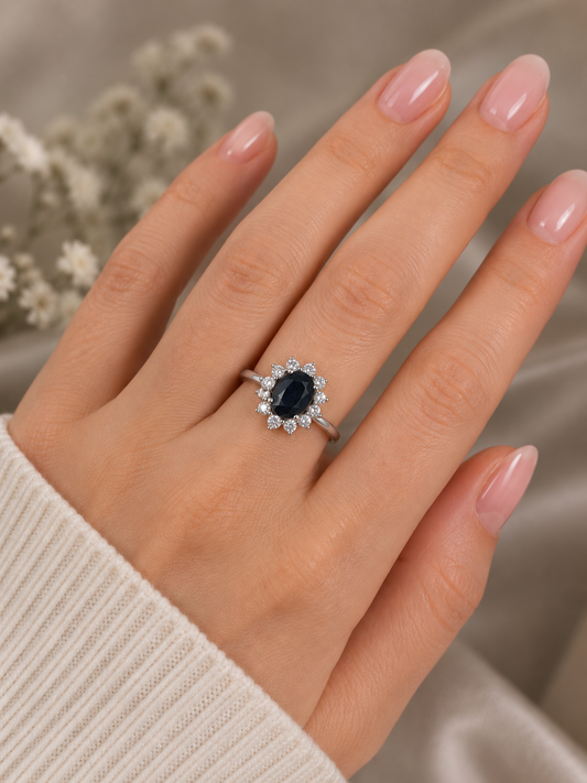 Deep Blue Sapphire Halo Cocktail Ring in 18CT White Gold