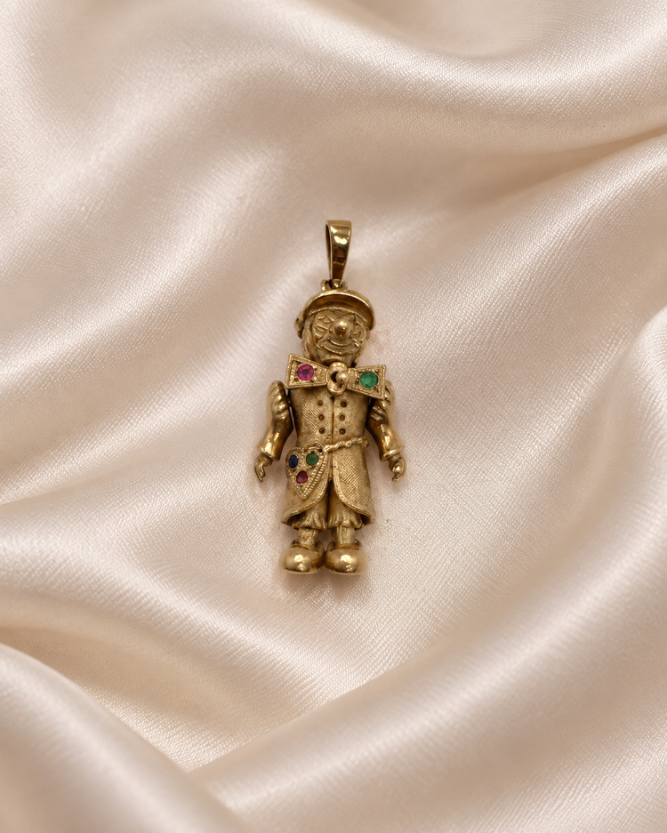9CT Yellow Gold Articulated Clown Pendant with Ruby Accents 9.4g
