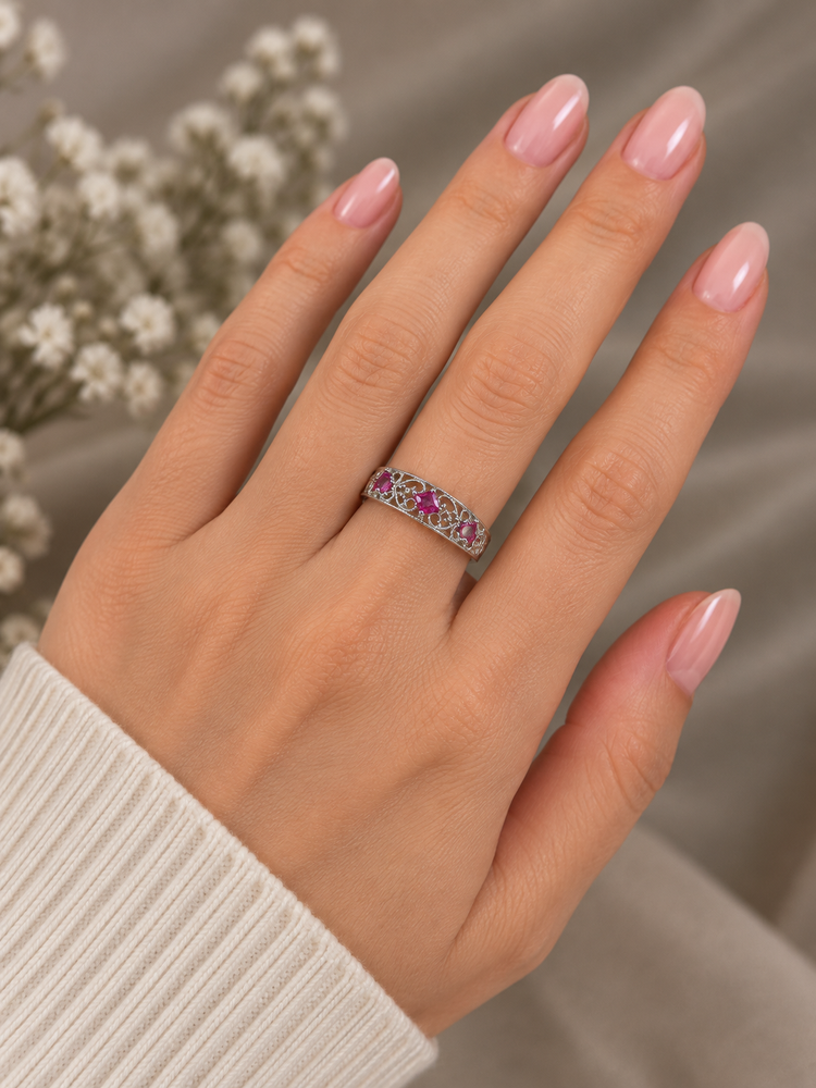 Vintage-Inspired Filigree Ruby Multistone Ring in 9CT White Gold 2.3g