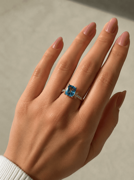 9ct Cushion Cut Blue Topaz Solitaire Ring in Yellow Gold 3.2g - Hyman’s Jewellers