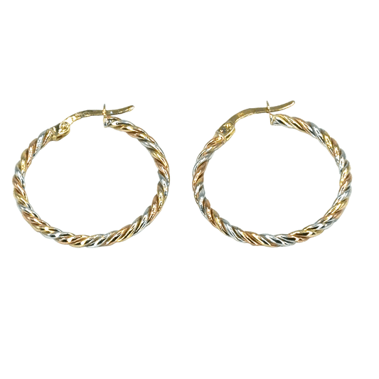 9CT Tri-Color Twisted Gold Hoop Earrings 2.1g - Hyman’s Jewellers