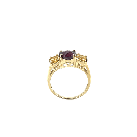 9ct Yellow Gold Garnet and Yellow Gemstone Three-Stone Ring 2.9g - Hyman’s Jewellers