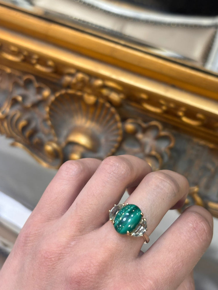 9CT Yellow Gold Oval Malachite Three - Stone Ring - Hyman’s Jewellers