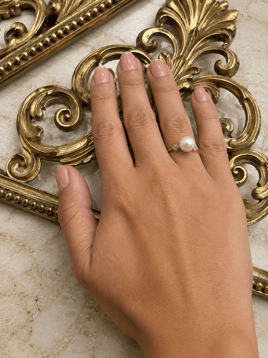 9CT Yellow Gold Pearl Solitaire Ring with Diamond Accents 3.6g - Hyman’s Jewellers