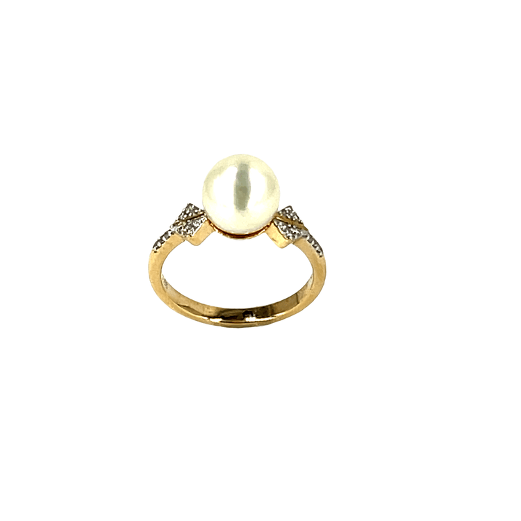 9ct Yellow Gold Pearl Solitaire Ring with Geometric Shoulders 3.6g - Hyman’s Jewellers