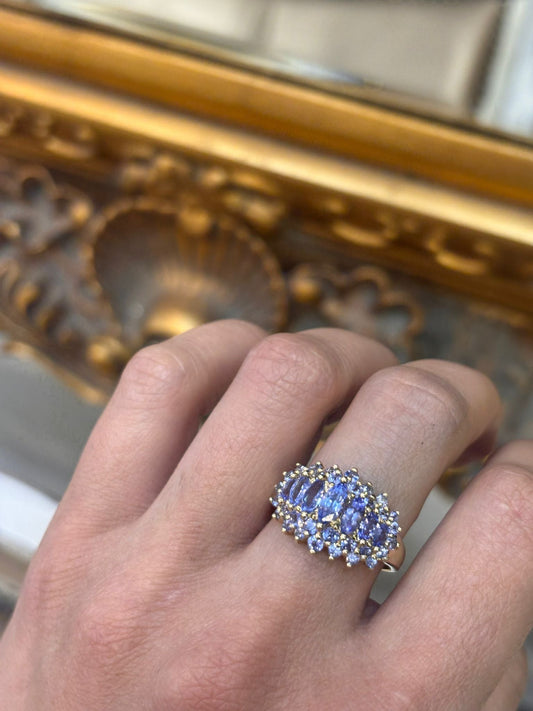 9CT Yellow Gold Tiered Tanzanite Cluster Cocktail Ring - Hyman’s Jewellers