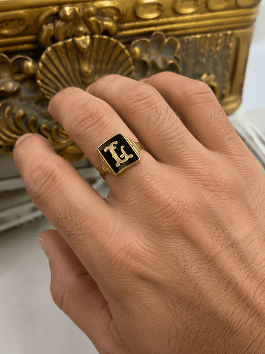 9ctYellow Gold Black Onyx Initial Signet Ring - Hyman’s Jewellers
