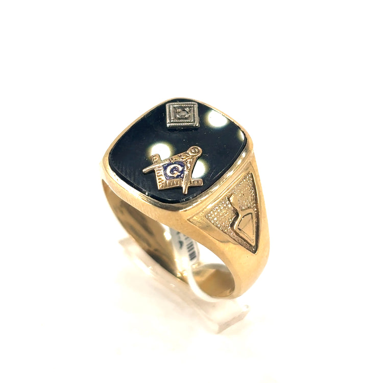 Men’s 9ct Yellow Gold Onyx Diamond Masonic Ring - 8g U