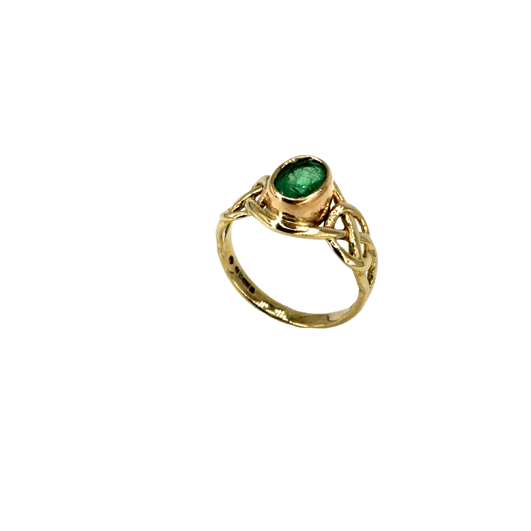Emerald Bezel Solitaire Ring with Celtic Knot Shoulders in 9CT Yellow Gold 2.4g - Hyman’s Jewellers
