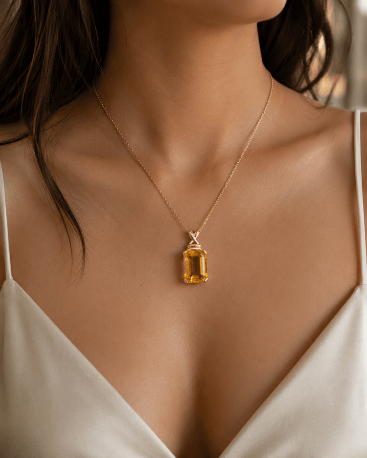 Emerald-Cut Citrine Solitaire Pendant in 9ct Yellow Gold 5.3g - Hyman’s Jewellers