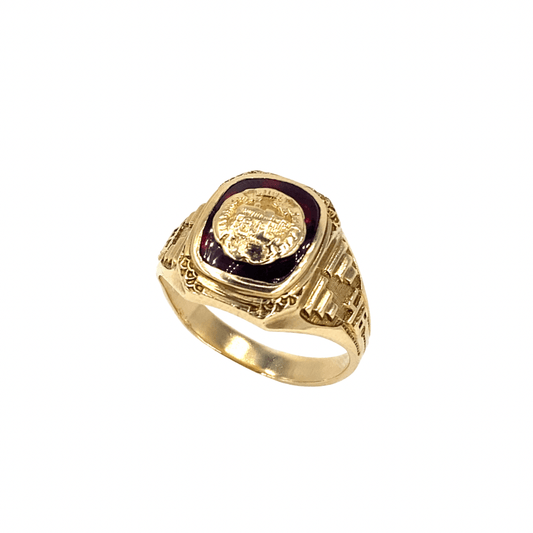 Men’s 10k Yellow Gold American College Ring - Red Stone Set - Hyman’s Jewellers