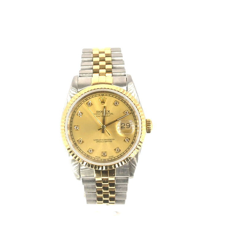 Men’s 18ct Yellow Gold & Oyster Steel Rolex Datejust 36mm Watch - Champagne Dial Diamond Dot - Hyman’s Jewellers