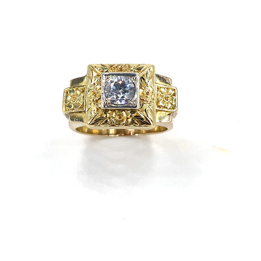 Men’s 9ct Engraved Cz Set Ring - 8.3g - Hyman’s Jewellers