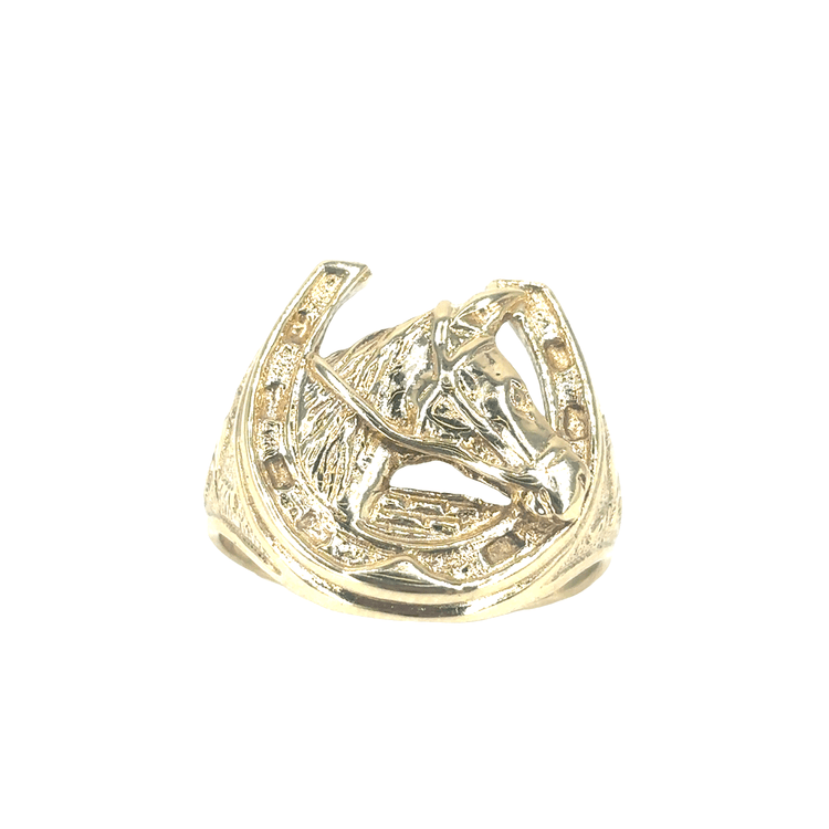 Men’s 9ct Yellow Gold Horseshoe and Horse Head Signet Ring - 9g Size W - Hyman’s Jewellers