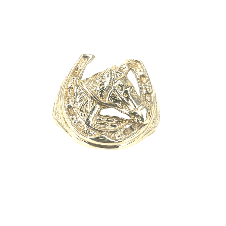 Men’s 9ct Yellow Gold Horseshoe and Horse Head Signet Ring - 9g Size W - Hyman’s Jewellers