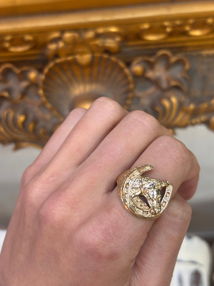 Men’s 9ct Yellow Gold Horseshoe and Horse Head Signet Ring - 9g Size W - Hyman’s Jewellers