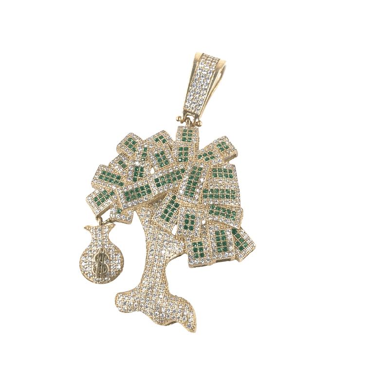 Men’s 9ct Yellow Gold Money Tree Pendant with white and Green Cz - 13.3G 6cm - Hyman’s Jewellers