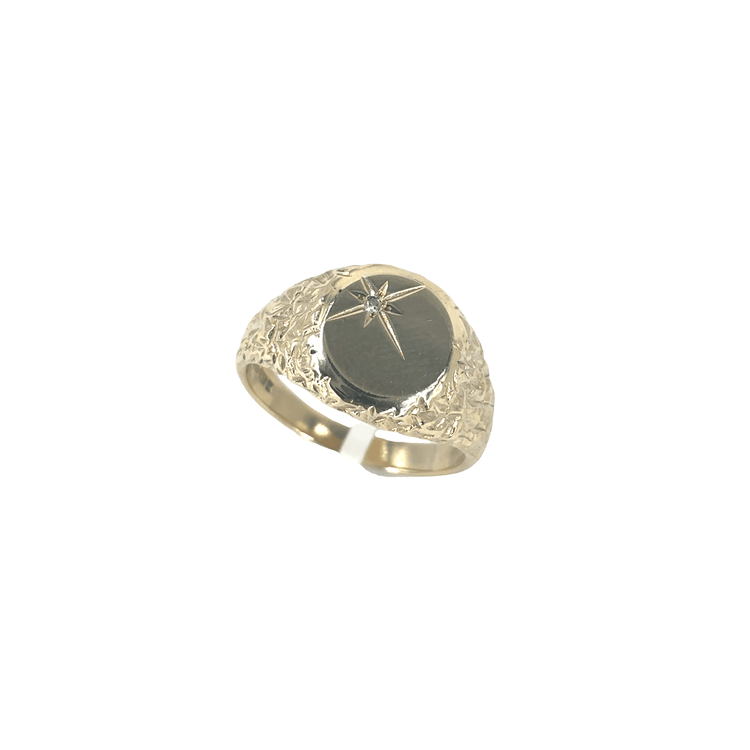 Men’s 9ct Yellow Gold Nugget Signet Ring with Round Brilliant Diamond 0.02ct Size O 1/2 4.6g - Hyman’s Jewellers