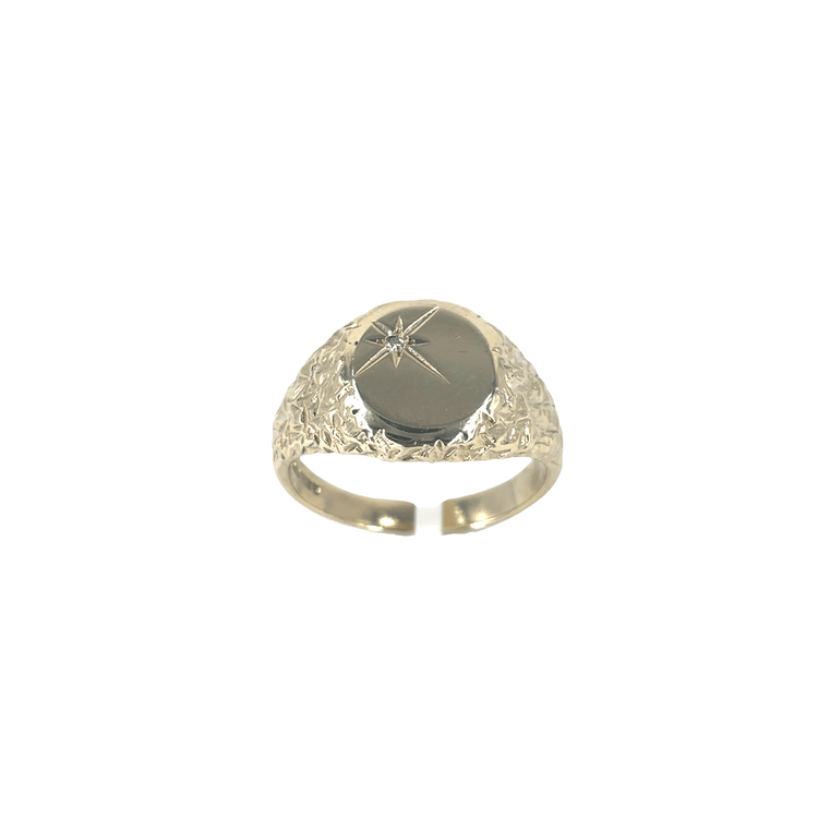 Men’s 9ct Yellow Gold Nugget Signet Ring with Round Brilliant Diamond 0.02ct Size O 1/2 4.6g - Hyman’s Jewellers