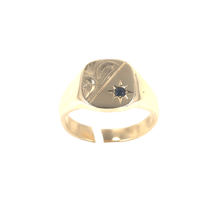 Men’s 9ct Yellow Gold Signet Ring with Deep Blue Sapphire - 8.2g Size V - Hyman’s Jewellers