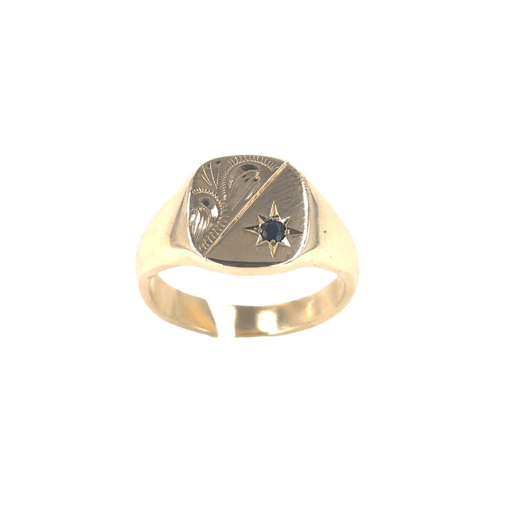 Men’s 9ct Yellow Gold Signet Ring with Deep Blue Sapphire - 8.2g Size V - Hyman’s Jewellers