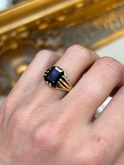 Men’s 9ct Yellow Gold Signet Ring with Emerald Cut Garnet - 4g Size P - Hyman’s Jewellers
