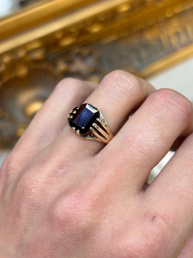 Men’s 9ct Yellow Gold Signet Ring with Emerald Cut Garnet - 4g Size P - Hyman’s Jewellers