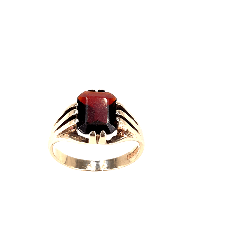 Men’s 9ct Yellow Gold Signet Ring with Emerald Cut Garnet - 4g Size P - Hyman’s Jewellers