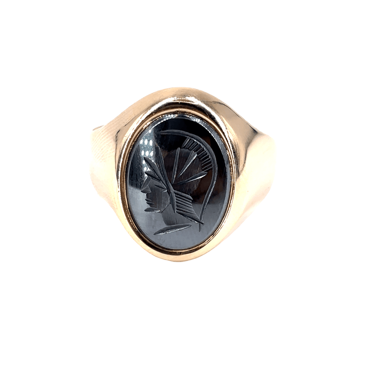 Men’s 9ct Yellow Gold Signet Ring with Intricate Engraved Hematite - 7.1g Size V - Hyman’s Jewellers