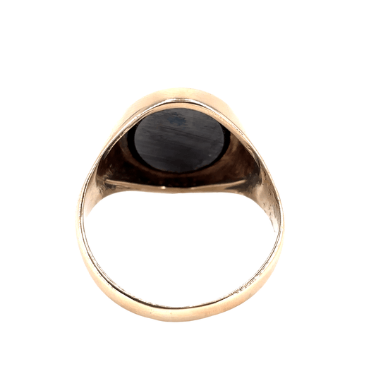 Men’s 9ct Yellow Gold Signet Ring with Intricate Engraved Hematite - 7.1g Size V - Hyman’s Jewellers