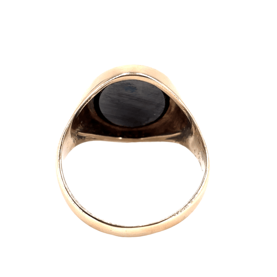 Men’s 9ct Yellow Gold Signet Ring with Intricate Engraved Hematite - 7.1g Size V - Hyman’s Jewellers