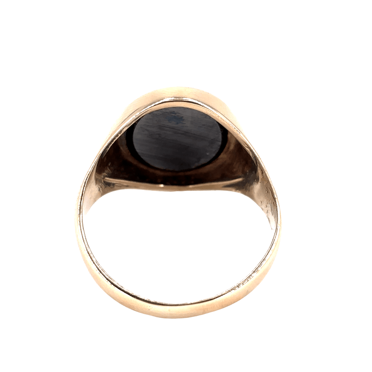Men’s 9ct Yellow Gold Signet Ring with Intricate Engraved Hematite - 7.1g Size V - Hyman’s Jewellers