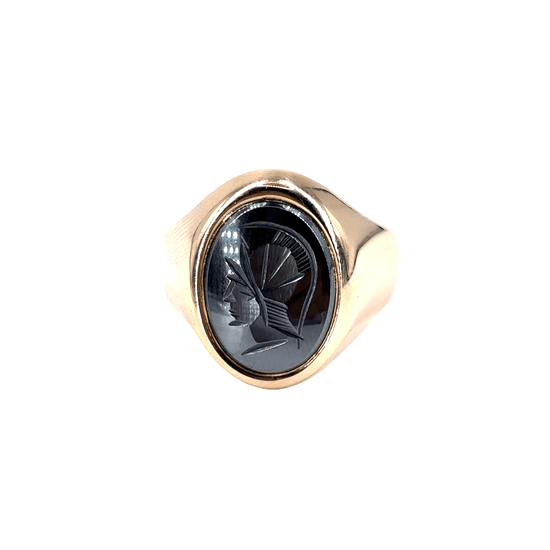 Men’s 9ct Yellow Gold Signet Ring with Intricate Engraved Hematite - 7.1g Size V - Hyman’s Jewellers