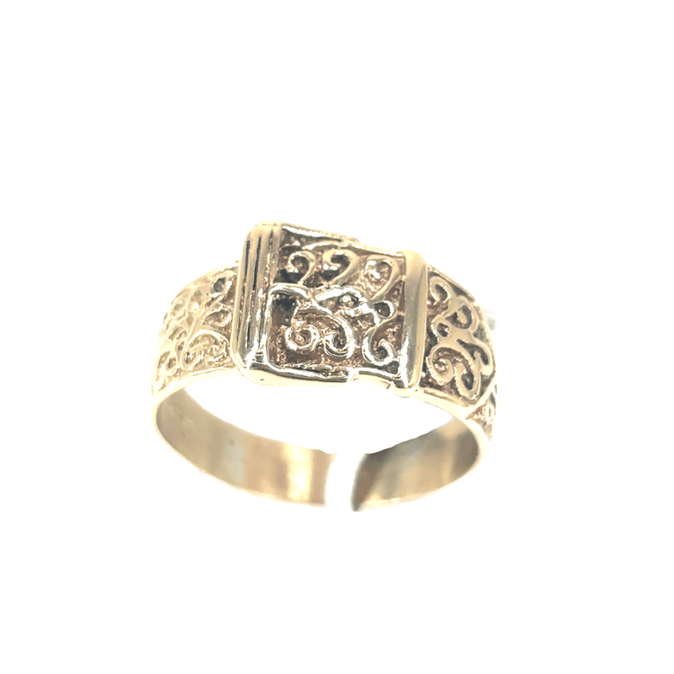Men’s 9ct Yellow Gold Vintage Scrollwork Buckle Band Ring - 4.4g - Hyman’s Jewellers