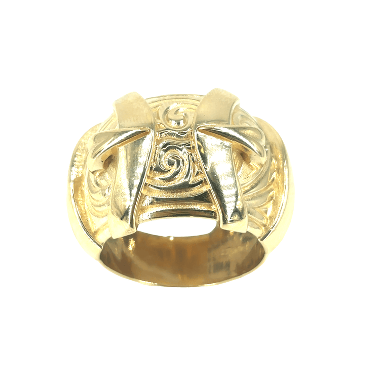 Men’s XL 9ct Yellow Gold Buckle Ring with Artistic Engraving - 61.3G - Hyman’s Jewellers