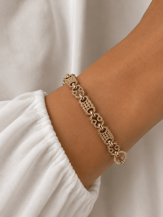 Ornate 9ct Yellow Gold Filigree Link Chain Bracelet - Hyman’s Jewellers