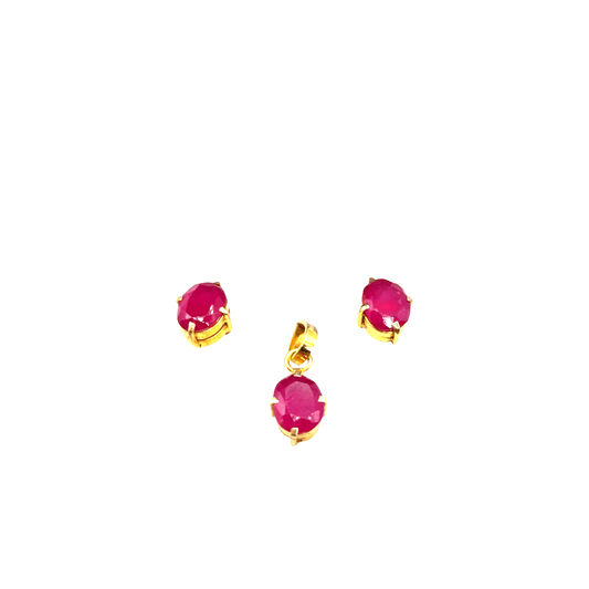 Oval Cut Red Ruby Stud Earrings and Pendant Set — 21CT Yellow Gold - Hyman’s Jewellers