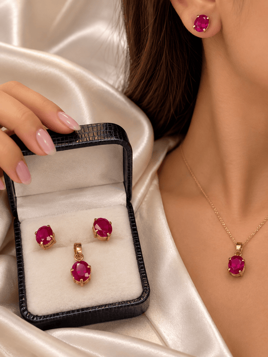 Oval Cut Red Ruby Stud Earrings and Pendant Set — 21CT Yellow Gold - Hyman’s Jewellers