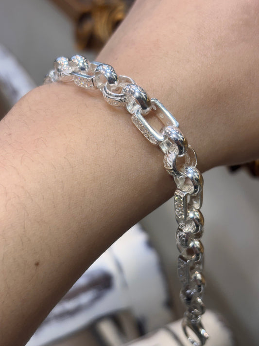 Unisex 925 Silver Engraved Square & Round Belcher Bracelet - 8” - Hyman’s Jewellers