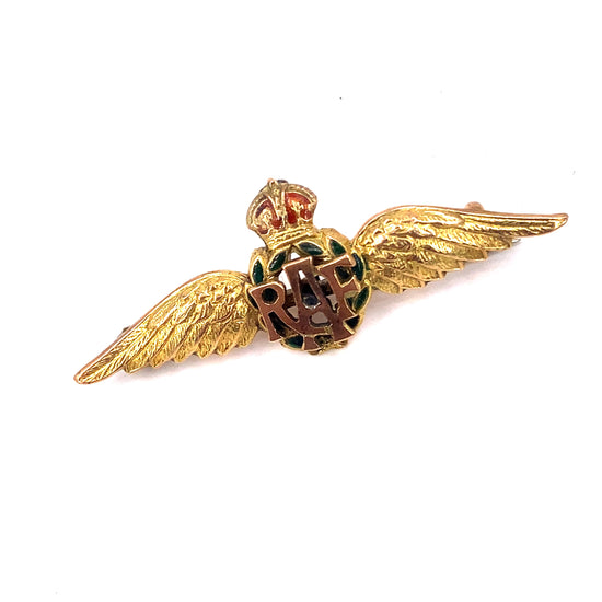 Unisex 9ct Yellow Gold Enamelled Original Vintage “RAF” Brooch - 4.1g - Hyman’s Jewellers