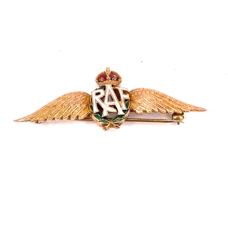 Unisex 9ct Yellow Gold Enamelled Original Vintage “RAF” Brooch - 6g - Hyman’s Jewellers